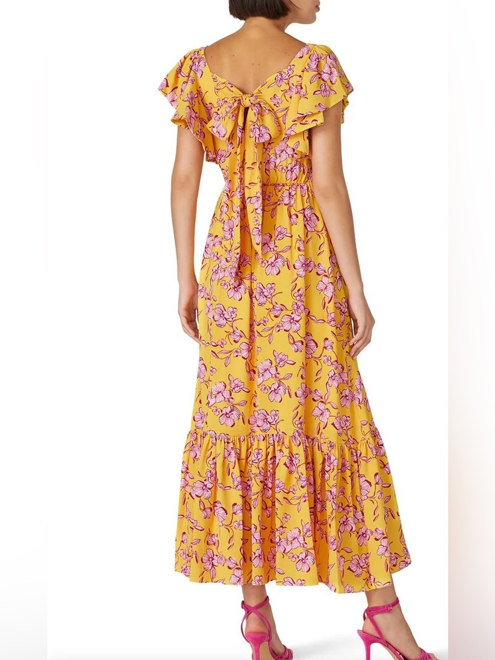 Sachin & Babi 4 yellow flutter sleeve sash tie closure maxi dress euro summer